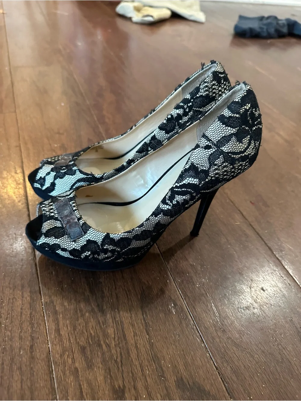 Guess Black Lace Peep-Toe High Heels